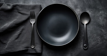 An empty black plate with cutlery on a dark concrete background. Home dinner cooking on stone table. Top view with copy space