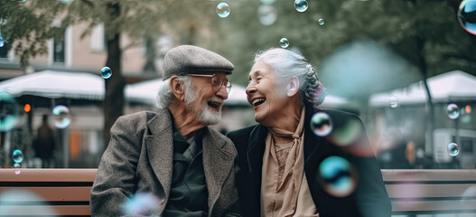 a pair of elderly gray-haired men and women in their 80s blow bubbles, a serene and carefree atmosphere