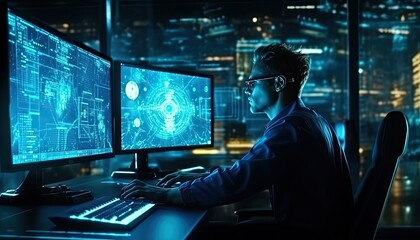 Data scientist, Programmer using laptop analyzing financial data on futuristic virtual interface. Algorithm. Global business development, strategy and planning, digital technology.