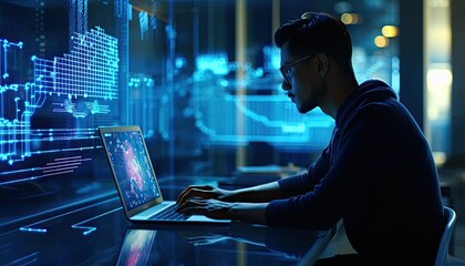 Data scientist, Programmer using laptop analyzing financial data on futuristic virtual interface. Algorithm. Global business development, strategy and planning, digital technology.