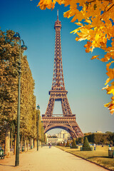 Wall Mural - Eiffel Tower over blue sky at autumn in Paris, France