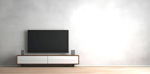 Wall Mural - Creative interior concept. Large empty wall living room with blank television TV frame furniture deco. Banner template for product presentation. Mock up