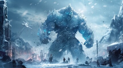 A frost giant attacking a town with an ice storm . Fantasy concept , Illustration painting. Generative Ai