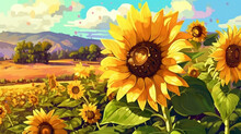 A Field Of Sunflowers With A Bumblebee Collecting Nectar . Fantasy Concept , Illustration Painting. Generative Ai