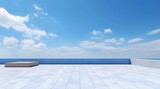 Fototapeta  - Blue sky and white clouds display background, terrace made of tiles, AI generated
