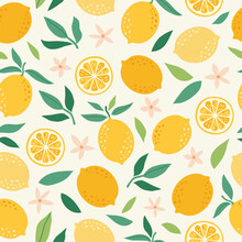 Tropical Seamless Pattern With Yellow Lemons. Cute Fruit Summer Background. Vector Bright Modern Print For Paper, Cover, Fabric.