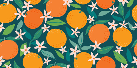 Tropical fruit seamless pattern. Summer background with oranges and flowers. Modern trendy design for paper, cover, fabric. Vector illustration.