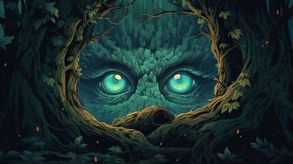 Wall Mural - A dark forest with a pair of glowing eyes staring out from a hollow tree . Fantasy concept , Illustration painting. Generative Ai