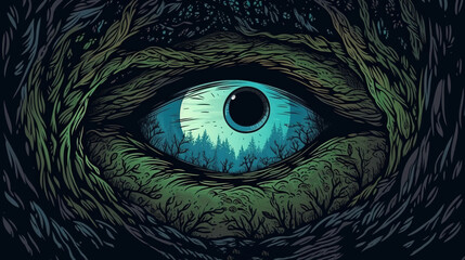 Wall Mural - A dark forest with a pair of glowing eyes staring out from a hollow tree . Fantasy concept , Illustration painting. Generative Ai