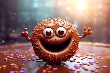Wall Mural - Cute chocolate donut with eyes. Generative AI. Hilarious character for children's comic book, video game. National Donut Day or Fat Thursday. Funny illustration for pizzeria, cafe, fast food, menu