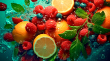 Fruits And Berries In Water With Bubbles On A Blue Background.AI Generated
