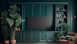 © drizzlingstarsstudio - Living room with tv cabinet against dark green wall, Generative AI