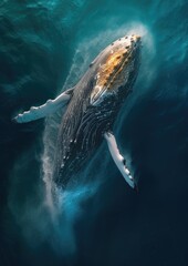 Aerial top down view of a big sperm whale freely swimming in the ocen