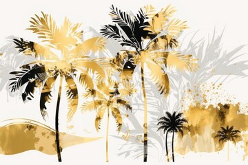 Wall Mural -  abstract . Summertime tropical palm trees, golden accents, the setting sun, and the sea on a white background. a jungle print. Generative AI