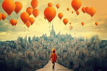 Children joyfully hold balloons under a radiant sun, while a bustling cityscape paints a vibrant backdrop of urban energy and excitement