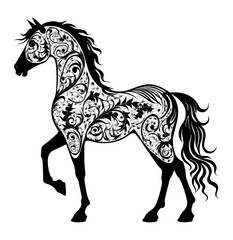 Wall Mural - Horses Illustration, with abstract swirling flowers and patterns,