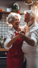 loving senior couple, enjoy their culinary adventure, dancing and cooking dinner together at home