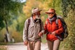 © olga_demina - Backpack seniors wearing hats traverse a green hill slope highlands, relishing their joint hiking