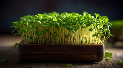 Wall Mural - Fresh pea microgreen sprouts on a black wooden table.