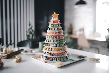 Wall Mural - Funny edible Christmas tree made from sushi, creative idea for japanese restaurant, New Year food background, holiday, celebration, food art concept, generative ai