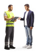© Ljupco Smokovski - Full length shot of a man talking to a wokrer in a reflective vest standing and writing a document