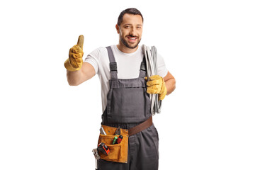 Canvas Print - Electrician holding cable on his shoulder and gesturing thumbs up