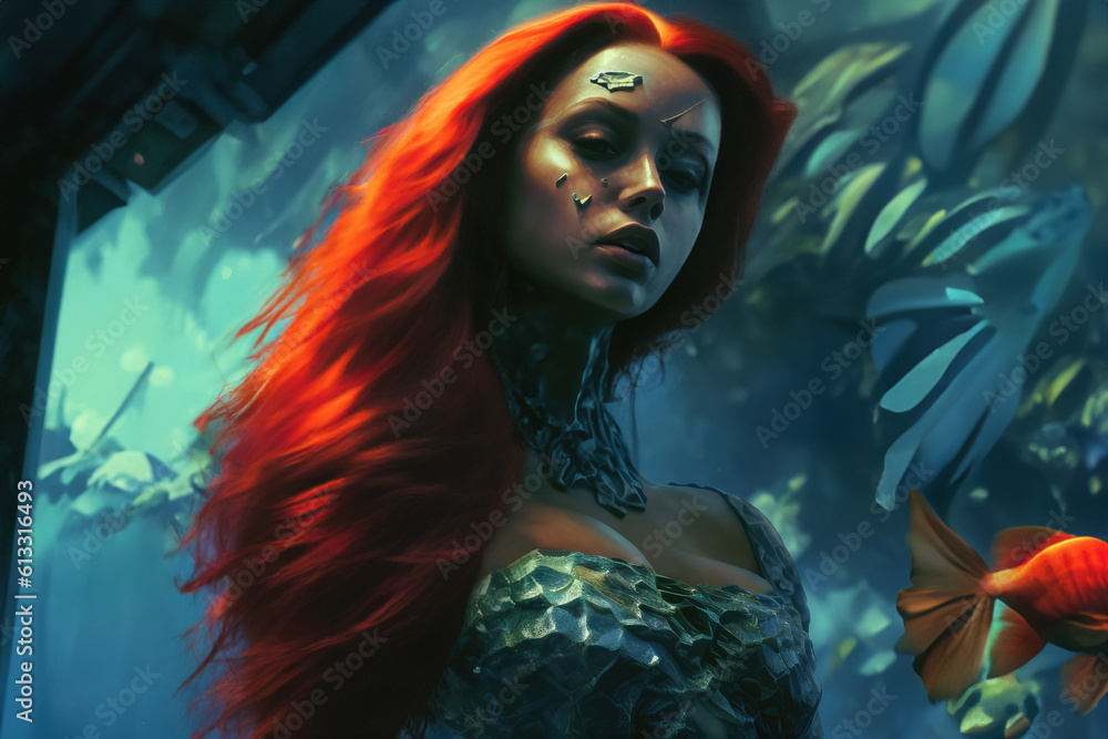 A mermaid with long red hair swims in the water in the ocean near fish ...
