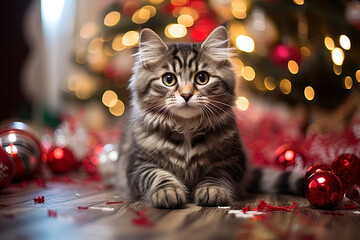 Illustration portrait of a cute cat in a festive christmas setting