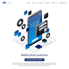 Wall Mural - mobile phone protection, computer security, account control 3d isometric vector concept illustration