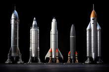 Five Toy Rockets Of Varying Designs And Colors Lined Up, Waiting To Be Launched. The Excitement And Anticipation Of Space Exploration And Technology Advancement. Generative AI Technology
