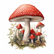 Detailed Botanical Illustration: Artfully Sketched Mushroom Species In Their Natural Forest Environment






