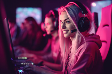 beautiful blonde girl pro gamer wearing headphones smiling and playing computer games with her teamm