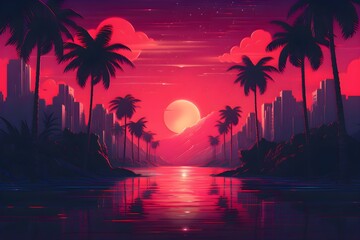 Wall Mural - Beautiful Miami city landscape with tropical palm trees in an 80s Retrowave theme. Cityscape and sunset. Amazing printable wallpaper