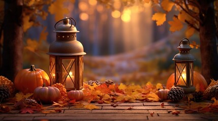 Realistic photo of Autumn Set and Decorations. with warm light condition.