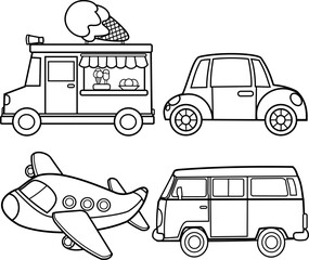 set of cute line art vehicles for kids including a car, ice cream truck, airplane and van.