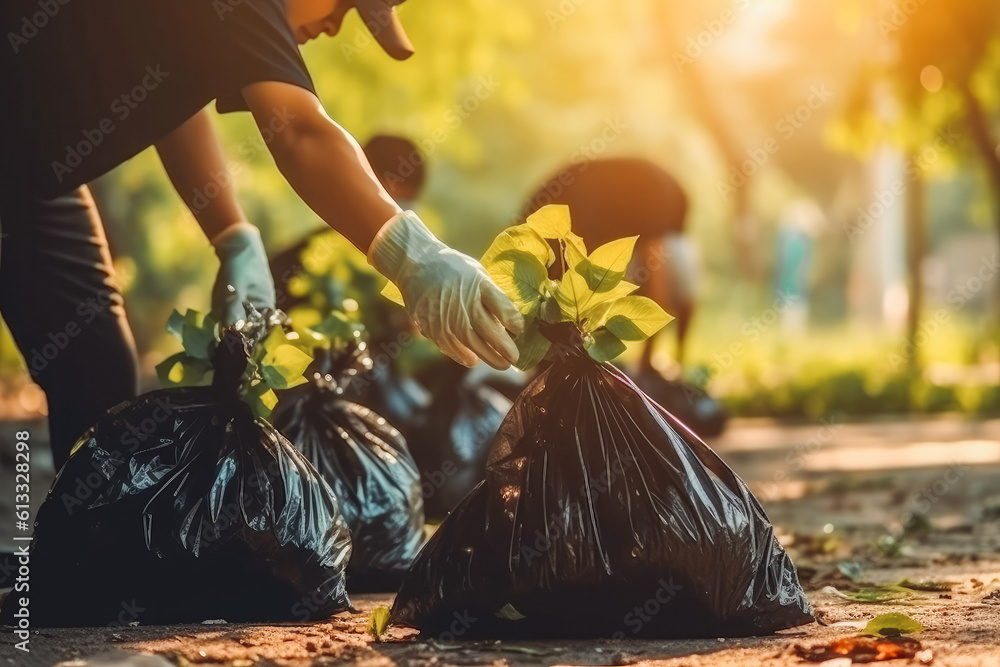 Collecting the garbage in plastic trash bag in nature, cleaning up the ...