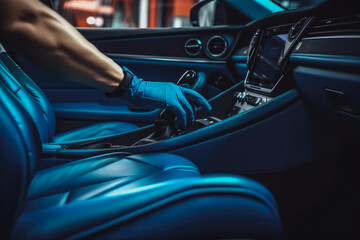 Male worker's hand cleaning interior of a car, car detailing studio, inside of car in the background. Generative AI