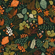 Create A Seamless Pattern Featuring A Lush Digital Paper Design Filled With Vibrant Forest Floor Elements. The Composition Should Showcase An Elegant And Intricate Arrangement Of Various Leaves Arrang