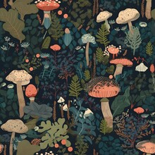 Create A Seamless Pattern Featuring A Lush Digital Paper Design Filled With Forest Floor Elements. The Composition Should Showcase An Elegant And Intricate Arrangement Of Various Flowers And Other For