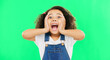 canvas print picture - Shocked, surprise and child hands on face screaming and excited, happy and winning isolated in a studio green screen background. Portrait, young and kid with surprised facial expression due to news