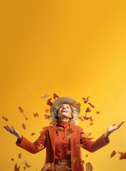 Poster - Woman in Fall Clothes Throwing Autumn Leaves in the Air 