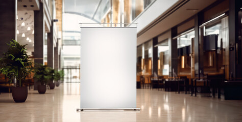 Wall Mural - roll up mockup poster stand in an shopping center or mall environment as wide banner design with blank empty copy space area - Generative AI