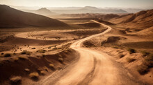 Winding Dirt Road Through A Dry Desert. Generative AI