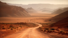 Winding Dirt Road Through A Dry Desert. Generative AI