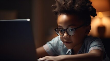 Wall Mural - A child using a laptop for virtual school. Generative AI. 