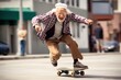 Very Old man skateboarding fast outside in the streets
