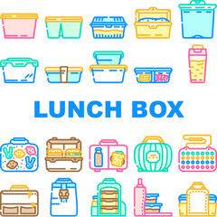 lunch school food box lunchbox icons set vector. snack meal, sandwich healthy, container, apple bag, kid children plastic fruit green lunch school food box lunchbox color line illustrations