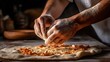 A pizza seller s hands expertly stretching and tossing dough in the air. Generative AI
