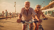 Senior couple riding bicycles on beach boardwalk. Generative AI