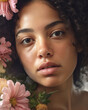 © Trinette Reed - Closeup beauty portrait of mixed race woman with flowers. Generative AI.